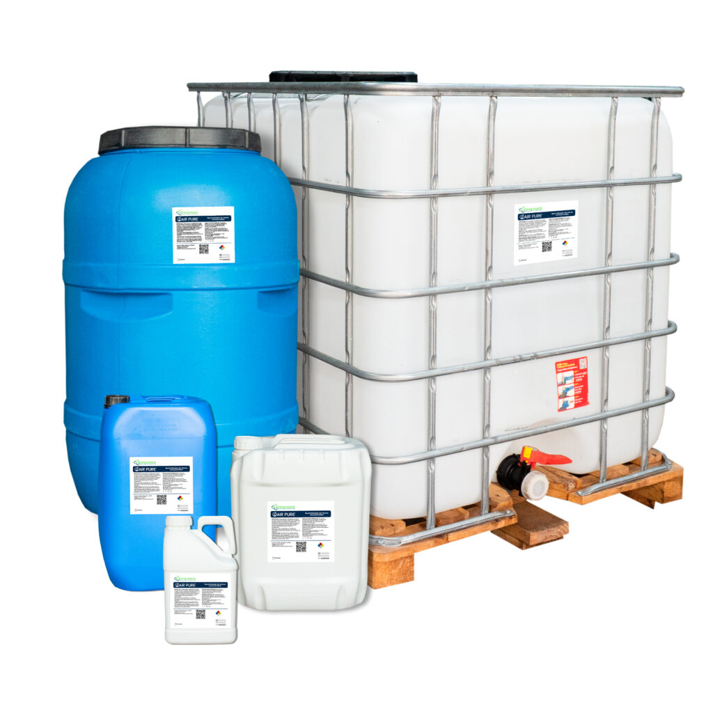 Producto Air Pure de Oxiquímica, potente neutralizador de olores biodegradable y soluble en agua, ideal para rellenos sanitarios y sistemas de nebulización"