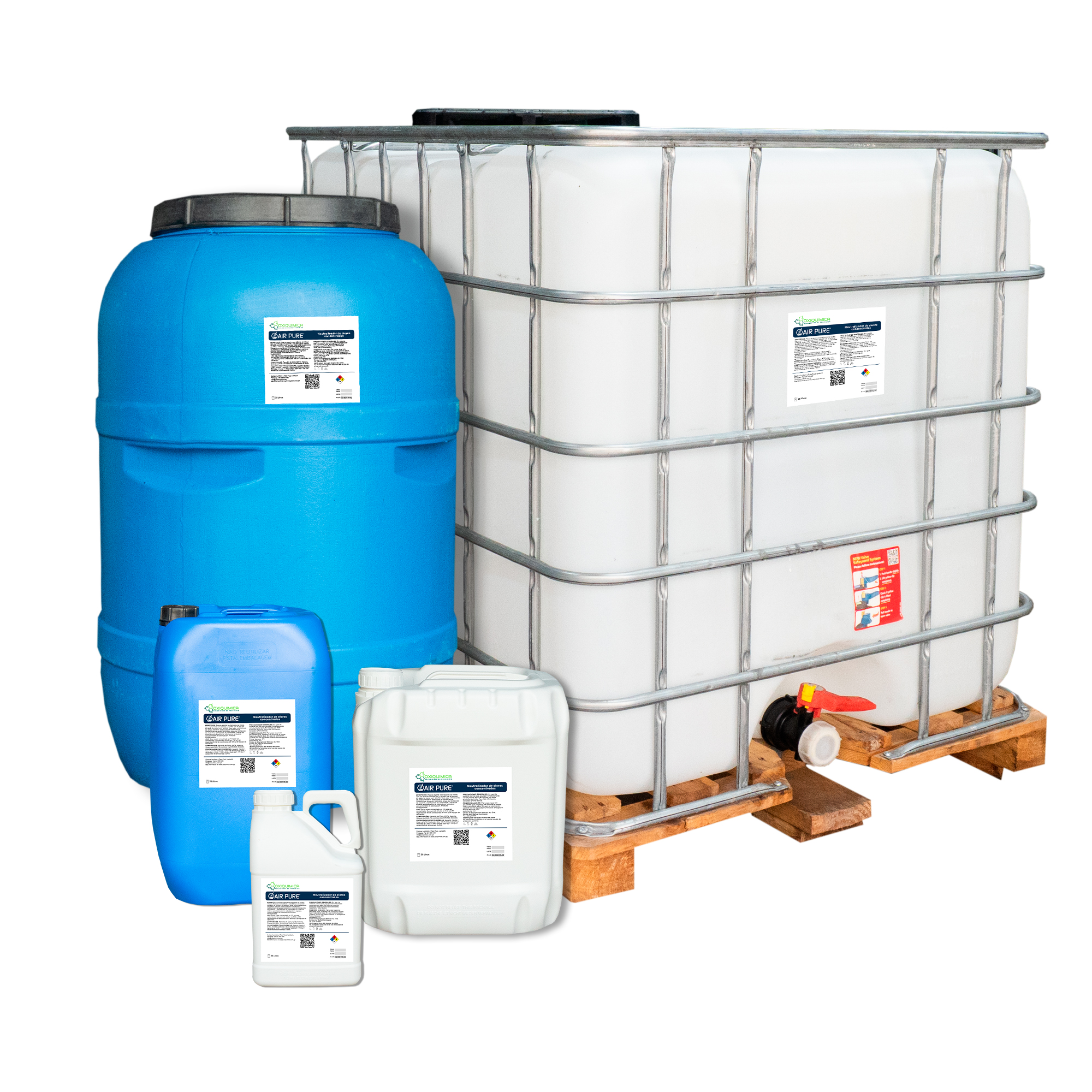 Producto Air Pure de Oxiquímica, potente neutralizador de olores biodegradable y soluble en agua, ideal para rellenos sanitarios y sistemas de nebulización"